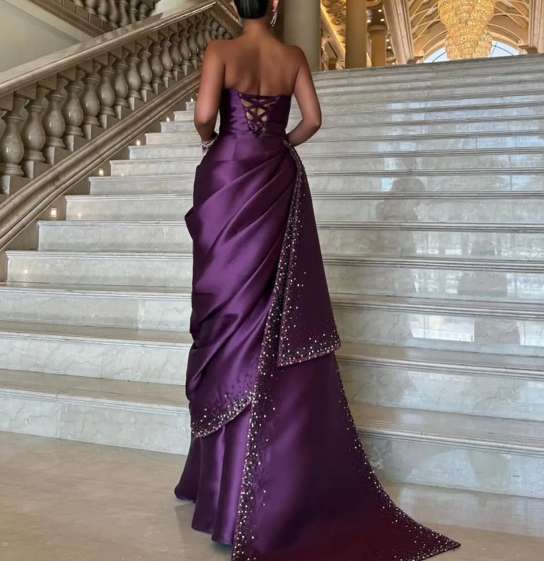 Glamorous Strapless Lace-Up Back Beaded Satin A-Line Maxi Dress with Train
