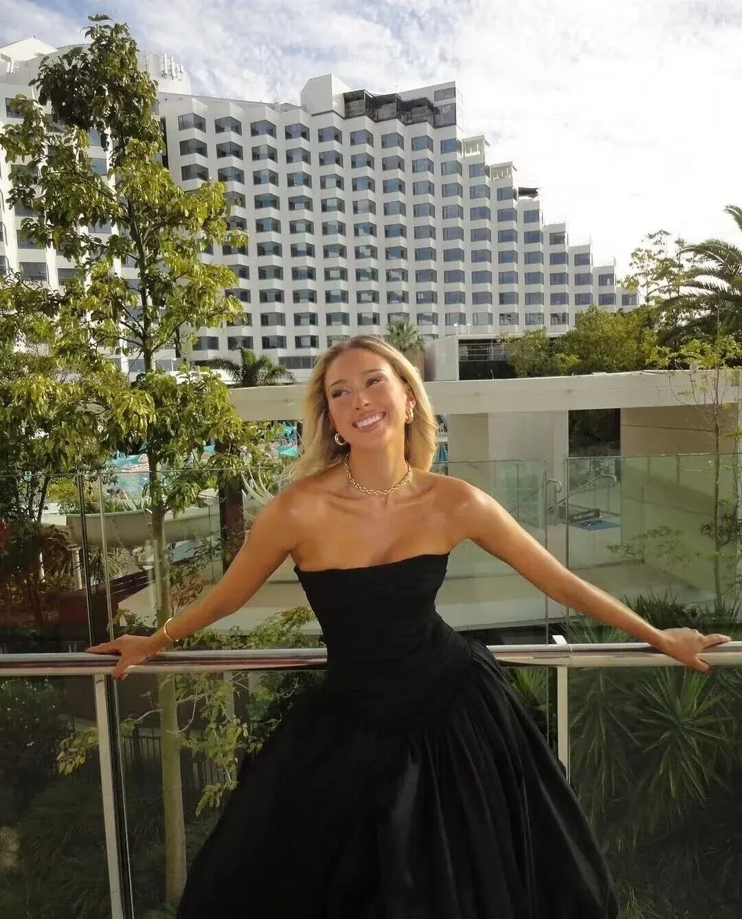 Glamorous Strapless Ruched Draped High Slit A-Line Maxi Dress