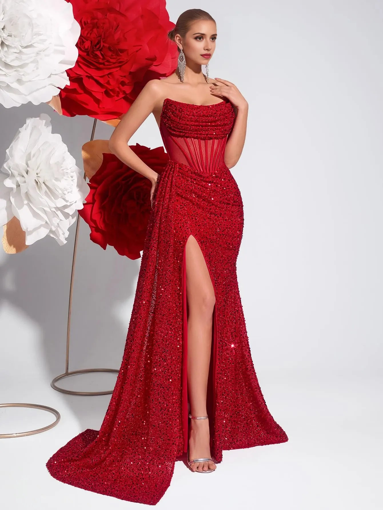 Glamorous Strapless Sequin-Embellished Mesh Corset Side-Slit Train Maxi Evening Dress