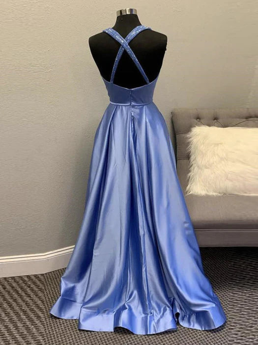 Glamorous A-Line Deep V Satin Periwinkle Floor-Length Prom Dress
