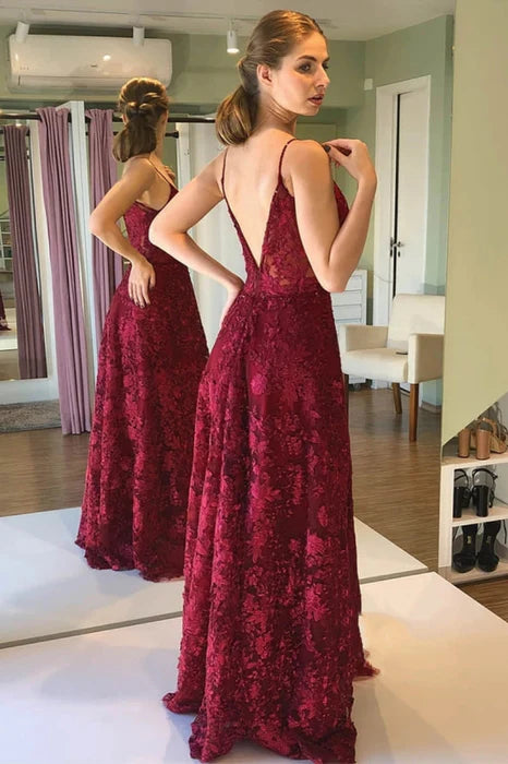 Glamorous A-Line Deep V Spaghetti Strap Lace Burgundy Prom Dress