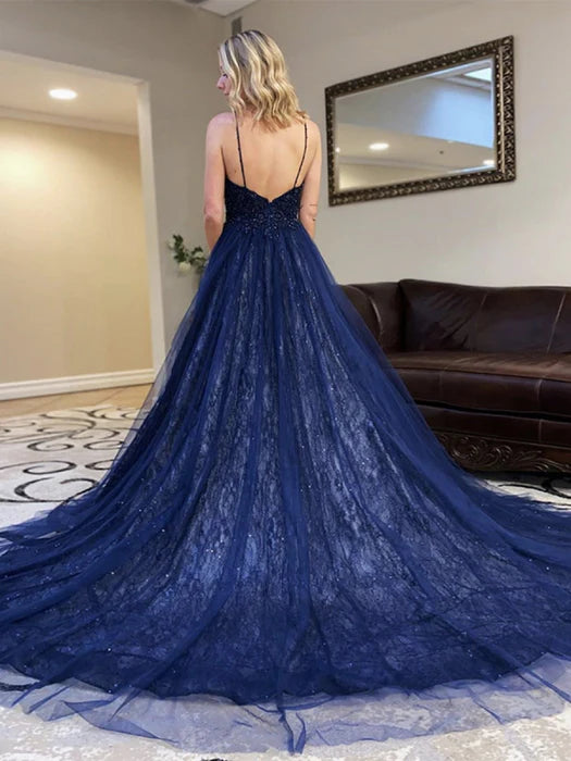 Glamorous A-Line Deep V Spaghetti Strap Lace Navy Blue Prom Dress