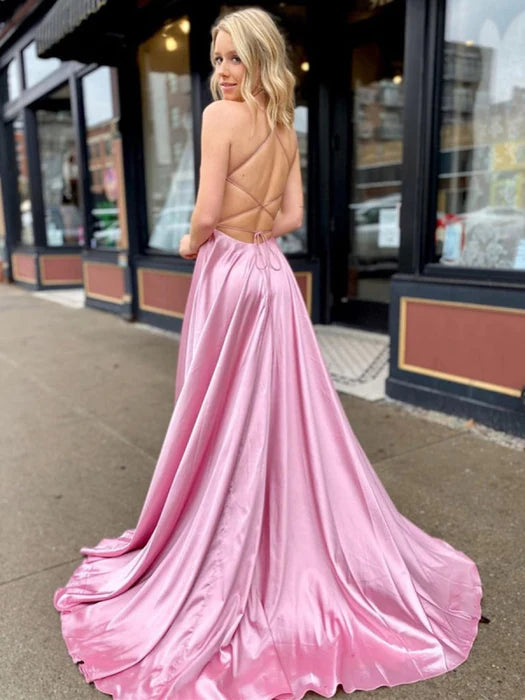 Glamorous A-Line Deep V Spaghetti Strap Satin Pink Floor-Length Prom Dress
