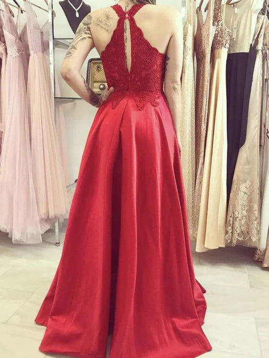 Glamorous A-Line Halter Neck Sleeveless Lace Red Floor-Length Prom Dress