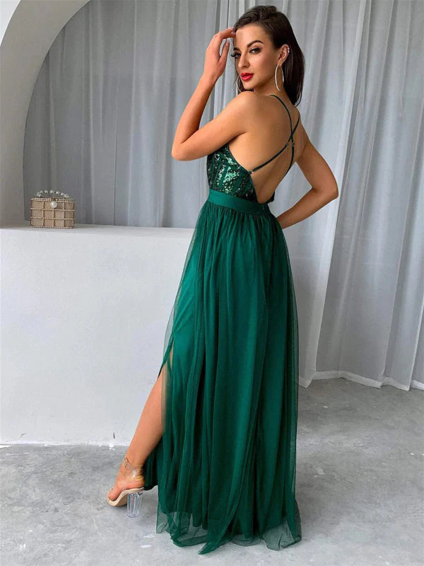 Glamorous A-Line Spaghetti Strap Sequin Green Floor-Length Evening Dress