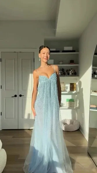 Glamorous A-Line Spaghetti Straps Sleeveless Sequins Tulle Floor-Length Party Dress