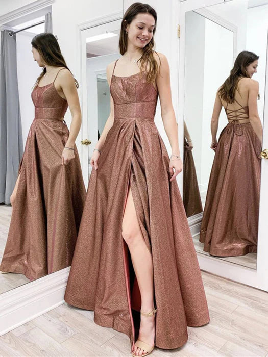 Glamorous A-Line Square Neck Spaghetti Strap Glitter Rose Gold Prom Dress
