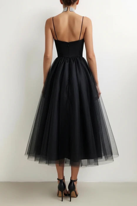 Glamorous A-Line Sweetheart Spaghetti Strap Tulle Black Midi Prom Dress