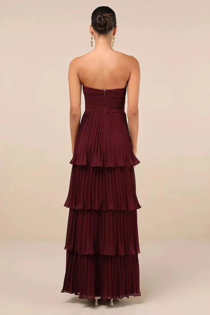 Elegant A-Line Sweetheart Tiered Pleated Burgundy Floor-Length Prom Gown for Women