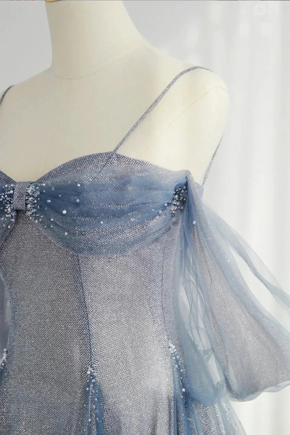 Glamorous Ball Gown Off-shoulder Beaded Dusty Blue Tulle Prom Dress For Sale