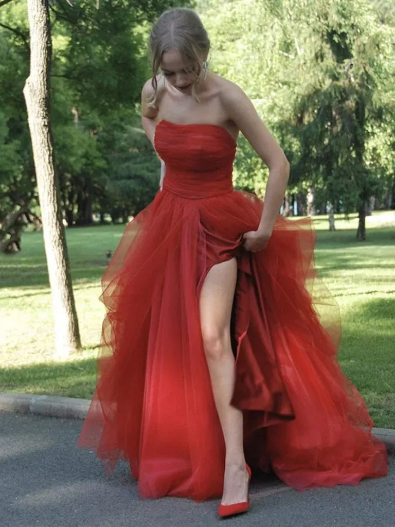 Glamorous Ball Gown Strapless Ruffled Red Floor-Length Prom Dresses