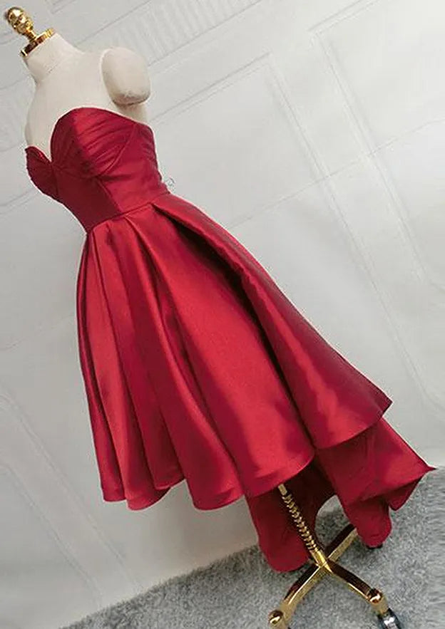 Glamorous Ballgown Sweetheart Sleeveless Ruched Satin Burgundy High-Low Evening Dress For Women