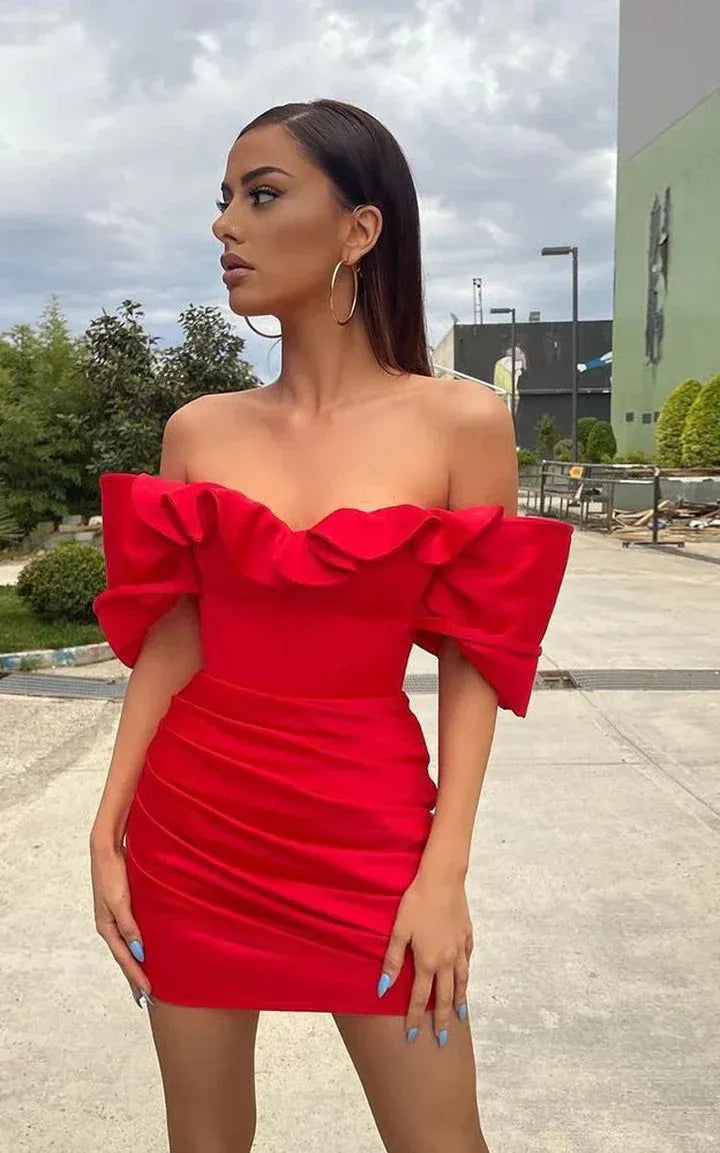 Glamorous Bodycon Off Shoulder Ruffle Sleeve Mini Party Dress Homecoming Dress