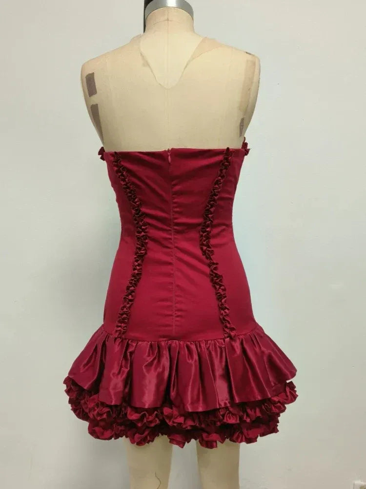 Glamorous Bodycon Strapless Sweetheart Neck Ruffled Satin Red Mini Homecoming Dress