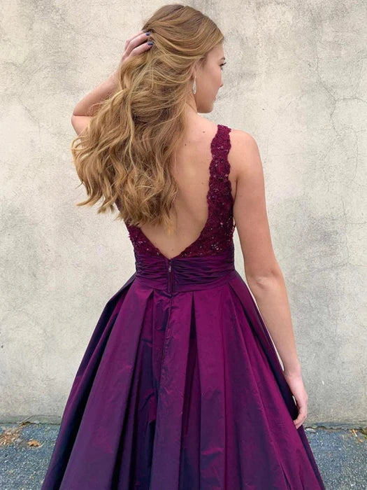 Glamorous Deep V Sleeveless Lace Purple Floor-Length Prom Dress
