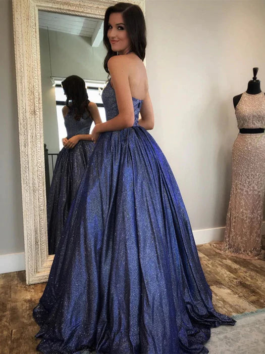 Glamorous Halter Sequin Royal Blue Floor-Length Prom Dress