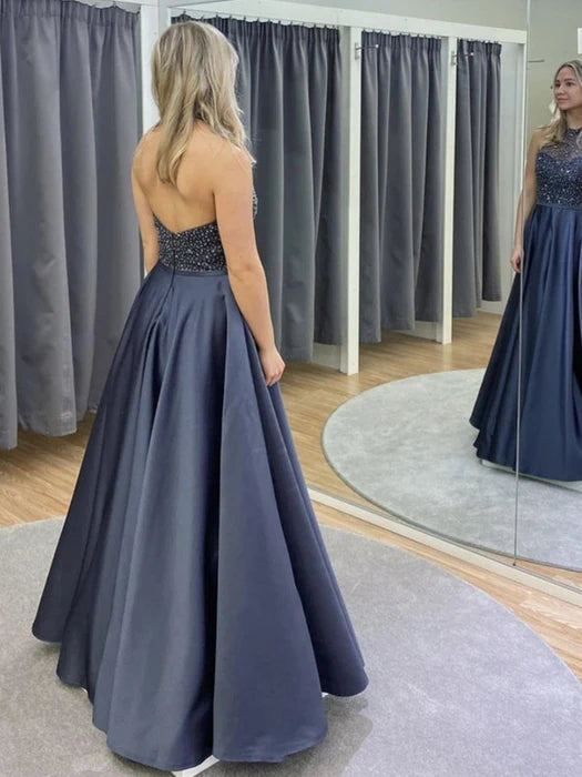 Glamorous Halter Sleeveless Beaded Slate Blue Floor-Length Prom Dress