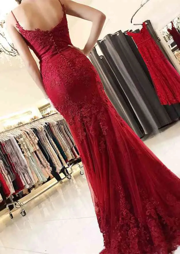 Glamorous Lace Long Evening Dress Burgundy Sweetheart Sleeveless Party Gown for Women
