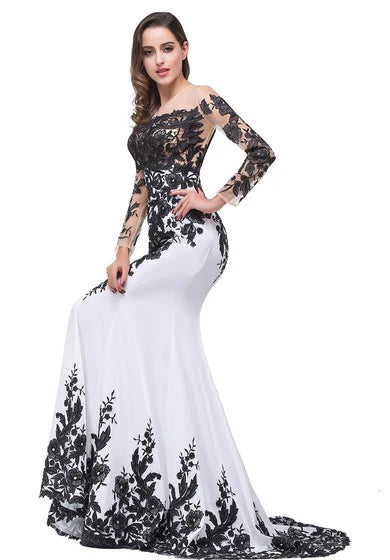 Glamorous Long Sleeve Mermaid/Trumpet Evening Dress Black Appliques Sweep/Brush Train Mother Dress