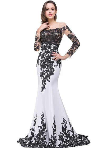 Glamorous Long Sleeve Mermaid/Trumpet Evening Dress Black Appliques Sweep/Brush Train Mother Dress