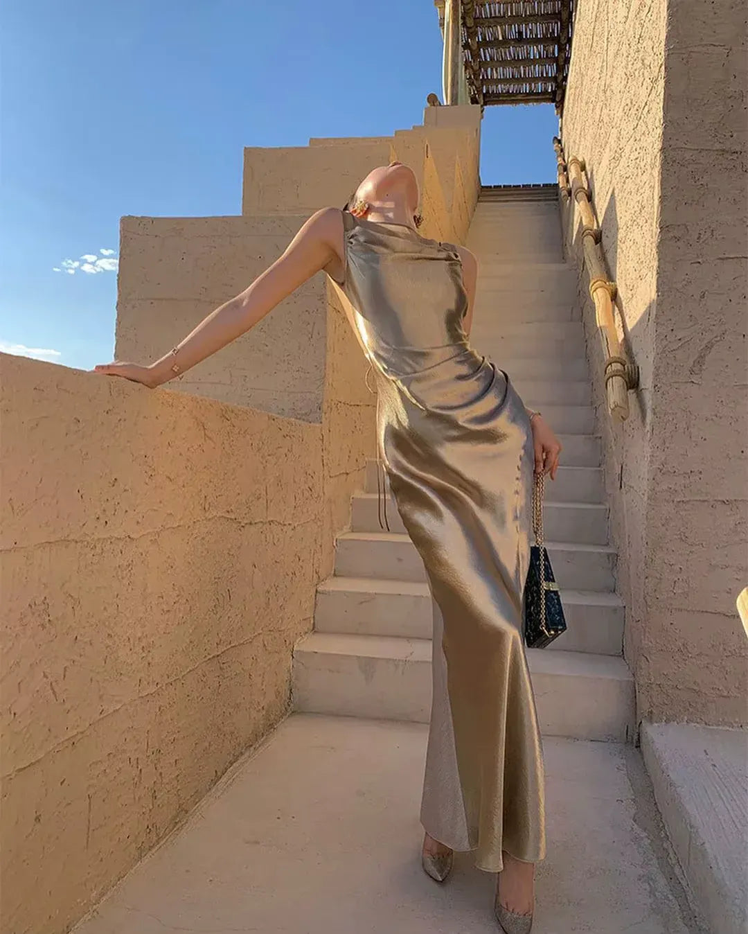 Glamorous Mermaid Cowl-Neck Sleeveless Metallic Gold Maxi Prom Dress for Women ready to ship