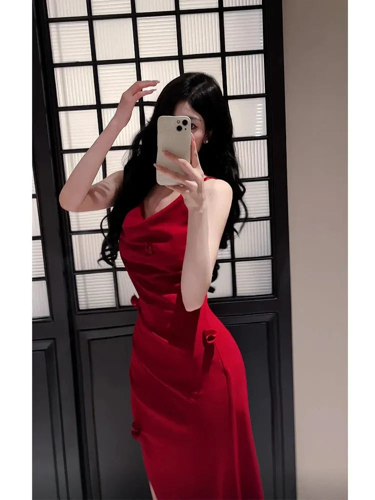 Glamorous Mermaid Cowl Neck Sleeveless Ruched Red Satin Maxi Prom Dress for Women Hot Sale