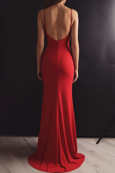 Glamorous Mermaid Deep V Spaghetti Strap Red Floor-Length Prom Dress