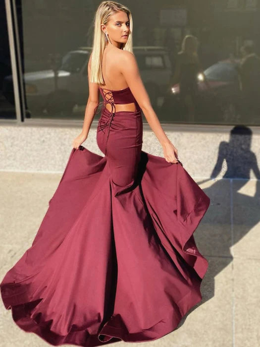 Glamorous Mermaid Gown Strapless Satin Burgundy Prom Dress