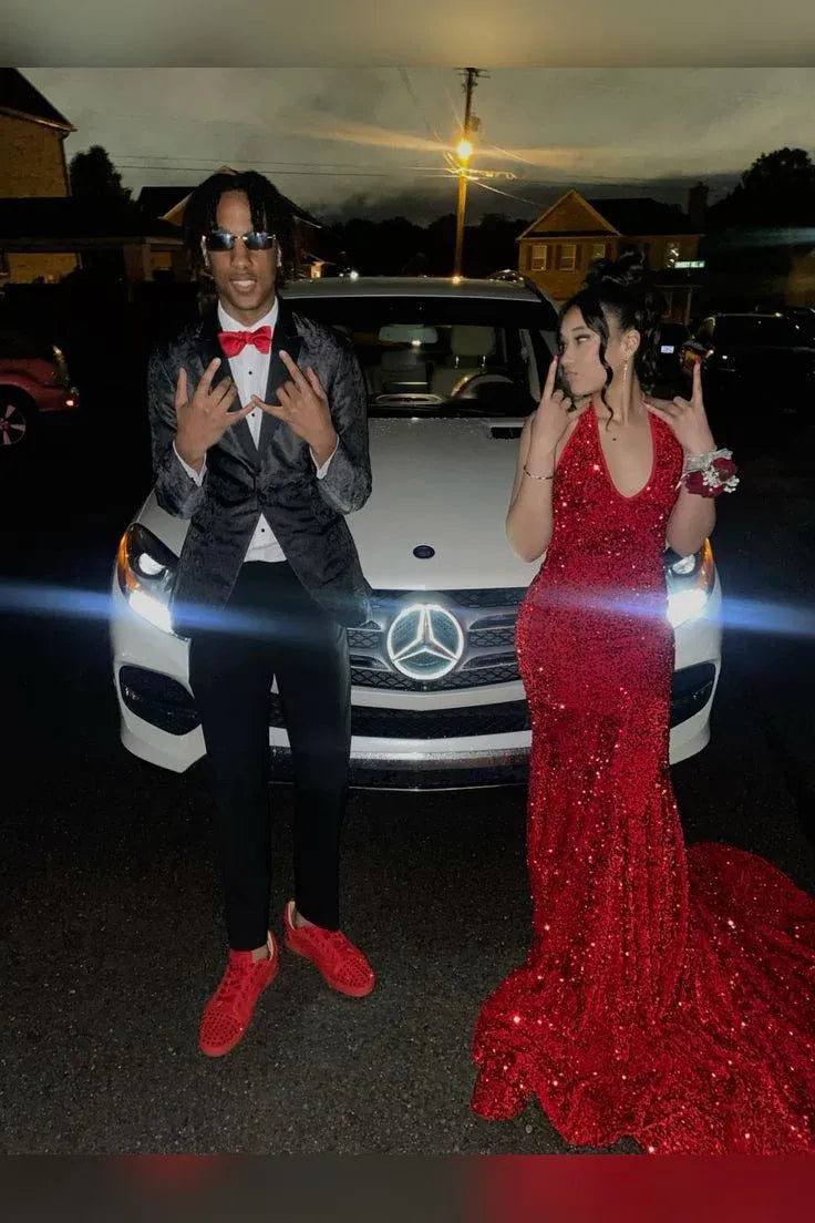 Glamorous Mermaid Halter-Neck Sleeveless Sequin Red Maxi Evening Dress for Women