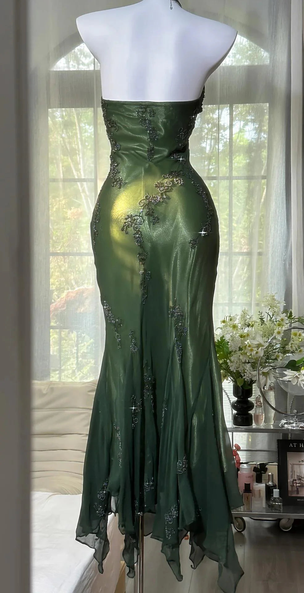 Glamorous Mermaid Halter Beaded Emerald Maxi Prom Dress