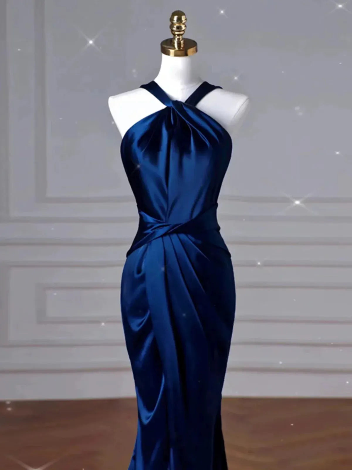 Glamorous Mermaid Halter Neck Sleeveless Ruched Navy Blue Maxi Prom Dress for Women Ready to Ship