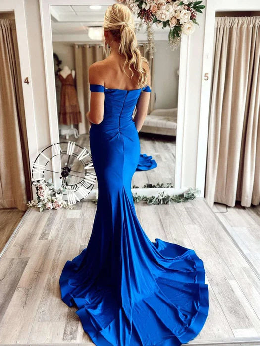 Glamorous Mermaid Off-Shoulder Satin Royal Blue Floor-Length Prom Dress