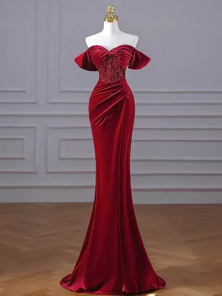 Glamorous Mermaid Off-Shoulder Short-Sleeved Sequin Floor-Length Prom Dress For Women Hot Sale