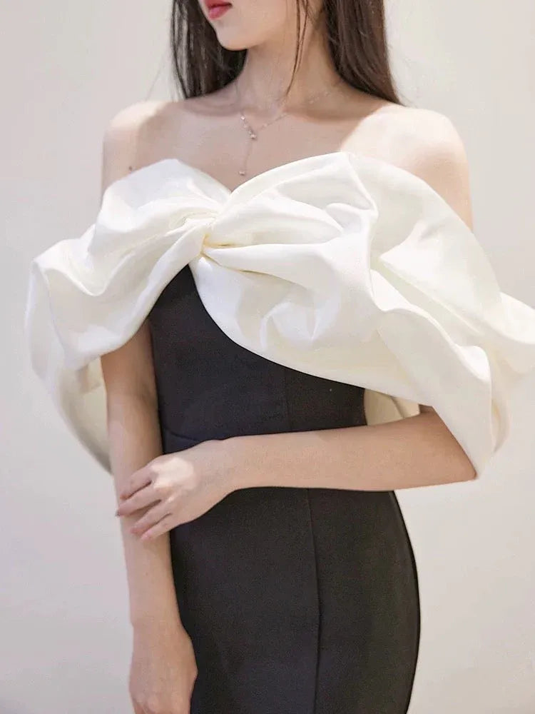 Glamorous Mermaid Off-the-Shoulder Puff-Sleeve Bow-Accented Black Maxi Prom Dress for Women Custom