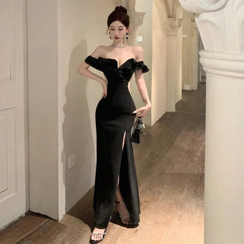 Glamorous Mermaid Off-the-Shoulder Ruffle-Accented Black Maxi Prom Dress for Women for sale