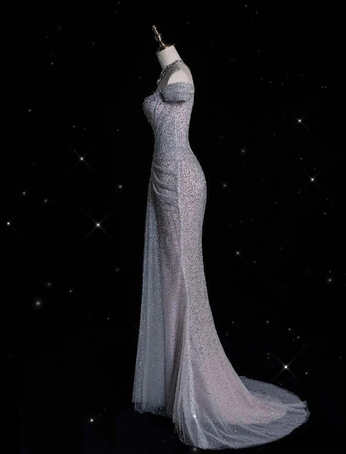 Glamorous Mermaid Off Shoulder Beaded Silver Maxi Wedding Dress