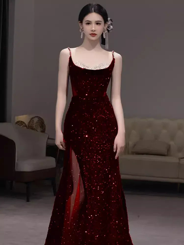 Glamorous Mermaid Spaghetti-Strap Sleeveless Sequin Black Maxi Prom Dress for Women Custom