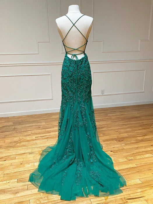 Glamorous Mermaid Square Neck Spaghetti Strap Lace Emerald Evening Dress