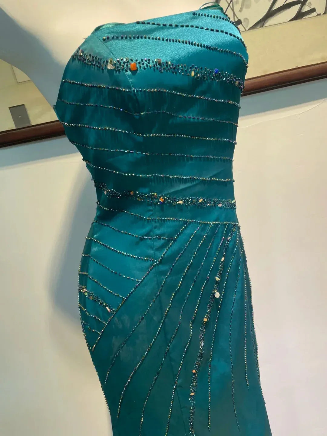 Glamorous Mermaid Strapless Beaded Teal Maxi Prom Dress for Women ready to ship