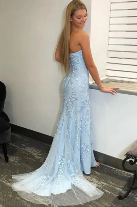 Glamorous Mermaid Strapless Lace Light Blue Evening Dress