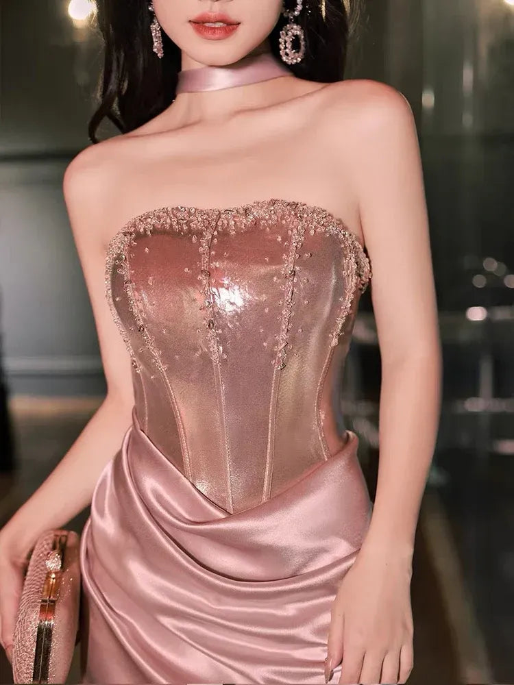 Glamorous Mermaid Strapless Sleeveless Ruched Dusty Pink Maxi Prom Dress for Women Custom