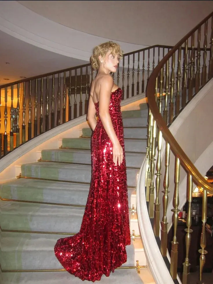 Glamorous Mermaid Strapless Sleeveless Sequin Red Maxi Prom Dress for Women Hot Sale