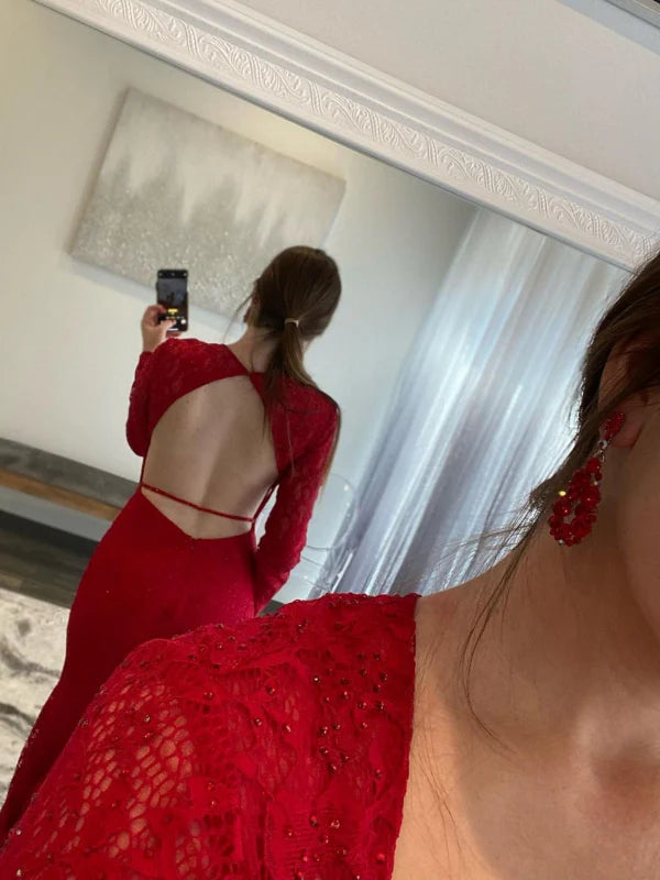 Glamorous Mermaid Sweetheart Long Sleeve Lace Red Evening Dress