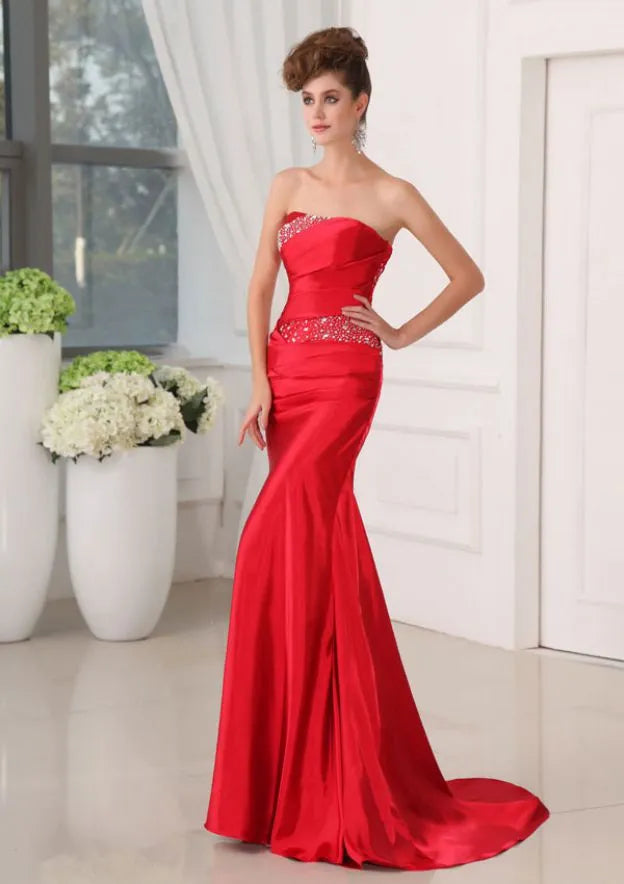 Glamorous Satin Long Evening Dress Red Strapless Sleeveless Party Gown for Women