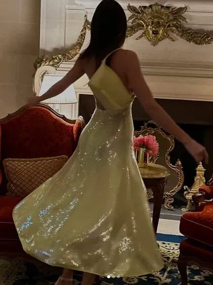 Glamorous Sheath Halter Sequin Pale Yellow Tea-Length Prom Dress