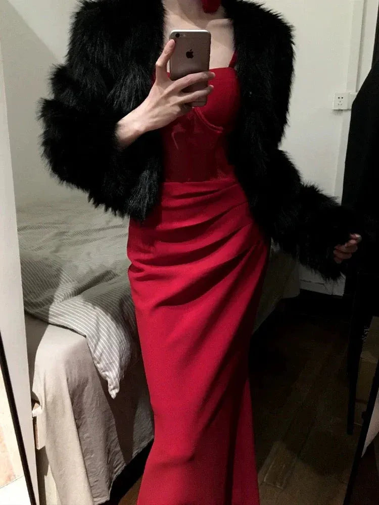 Glamorous Sheath Spaghetti Strap Mesh Ruched Red Floor-Length Prom Dresses