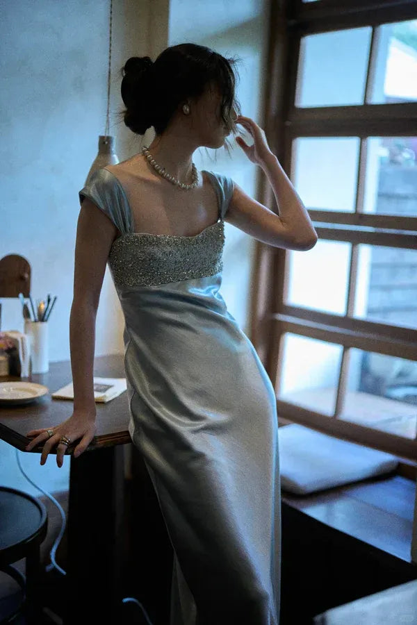Glamorous Sheath Square Neck Short-Sleeve Beaded Ice Blue Maxi Prom Dress for Women Custom