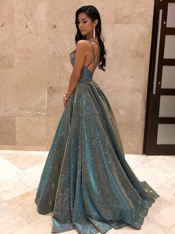 Glamorous Spaghetti Strap Sequin Teal Floor-Length Evening Dress