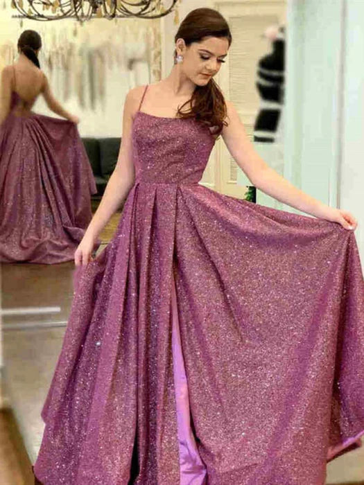 Glamorous Square Neck Spaghetti Strap Glitter Dark Purple Prom Dress