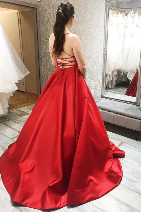 Glamorous Square Neck Spaghetti Strap Satin Red Floor-Length Prom Dress